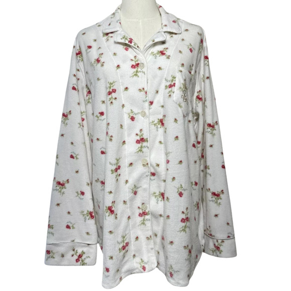Lauren Ralph Lauren Floral Pajama Top Polar Flece Collared button up Size XL - Picture 1 of 14